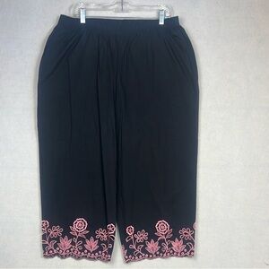 100% Cotton Pull On Elastic Waist Pants Size 16W Embroidered Floral Boho Cottage